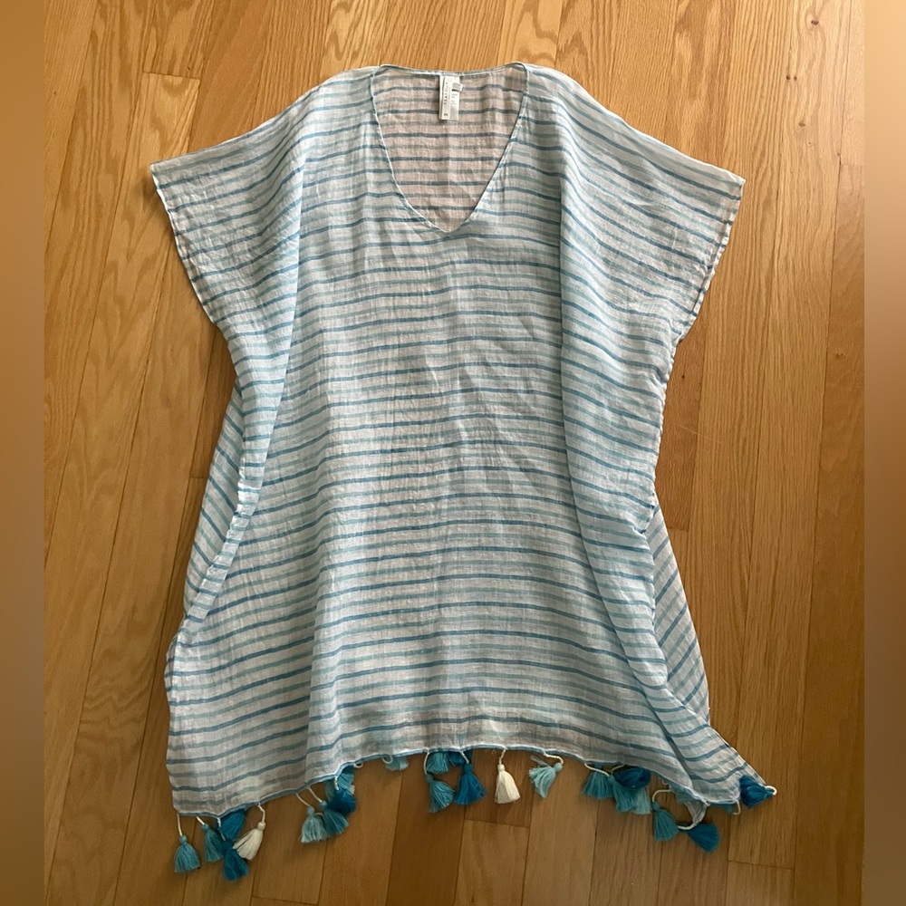 Seafolly Blue and White Striped Cover Up Tunic with Tassels
